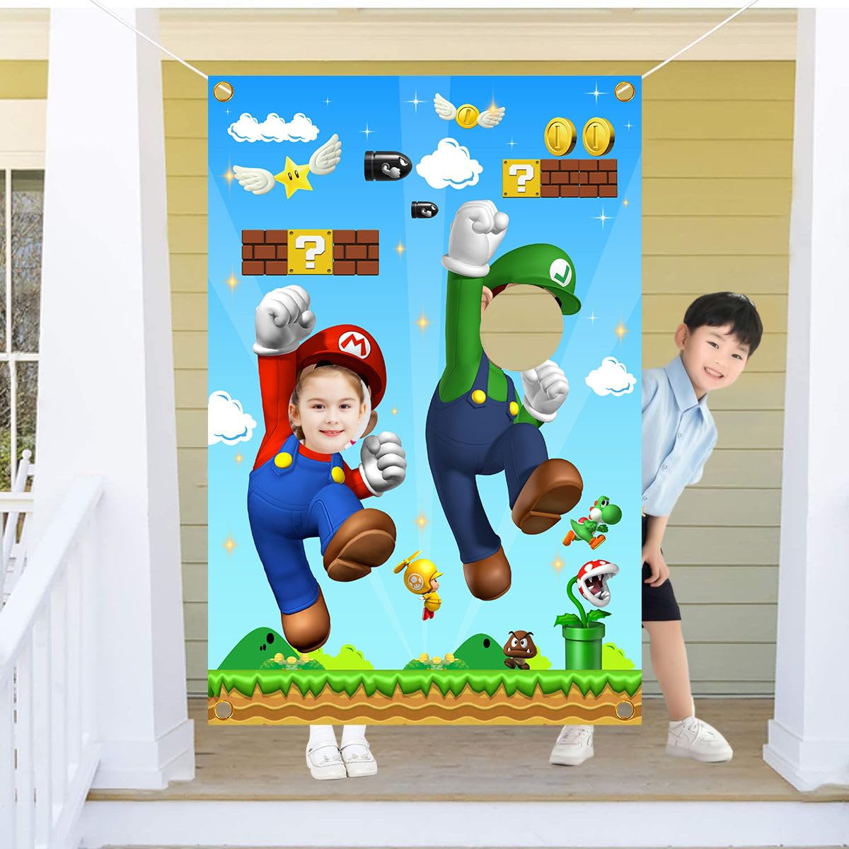 YEZHENSS Mario Photo Door Banner – Mario Face Photography Backdrop for Birthday Party Supplies