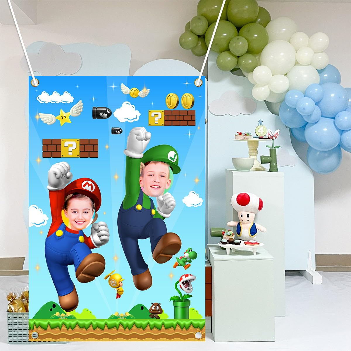 YEZHENSS Mario Photo Door Banner – Mario Face Photography Backdrop for Birthday Party Supplies