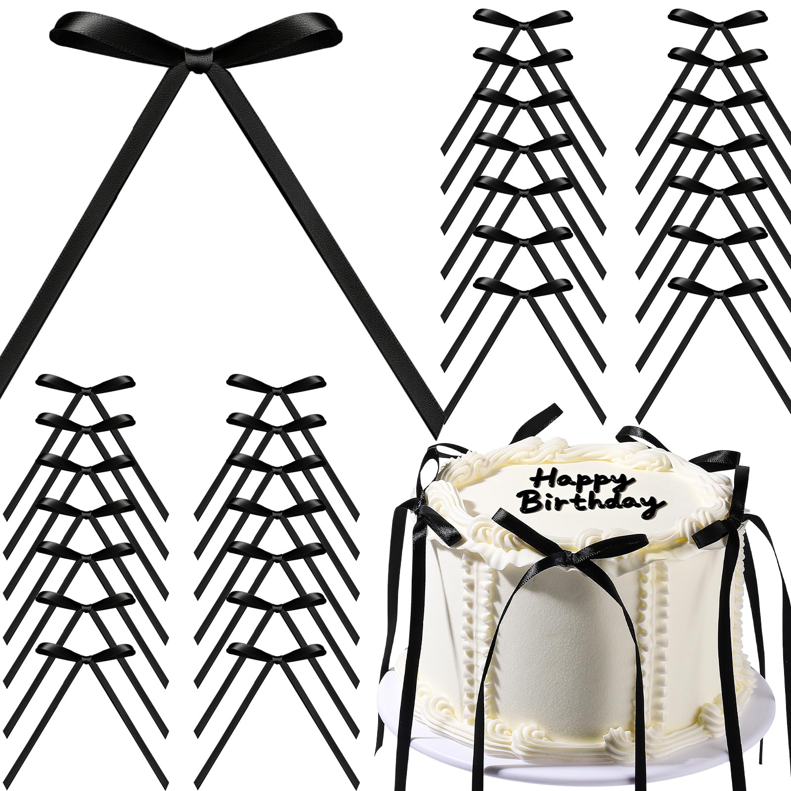YGDZ Black Bows for Cake – 30pcs Satin Pre-Tied Cake Topper & Vintage Party Decor