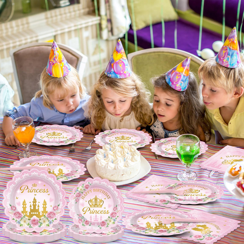 Yiaoyinnz 96pcs Pink Princess Birthday Party Tableware Set – Scalloped Plates, Napkins & Gold Castle