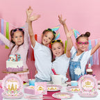 Yiaoyinnz 96pcs Pink Princess Birthday Party Tableware Set – Scalloped Plates, Napkins & Gold Castle