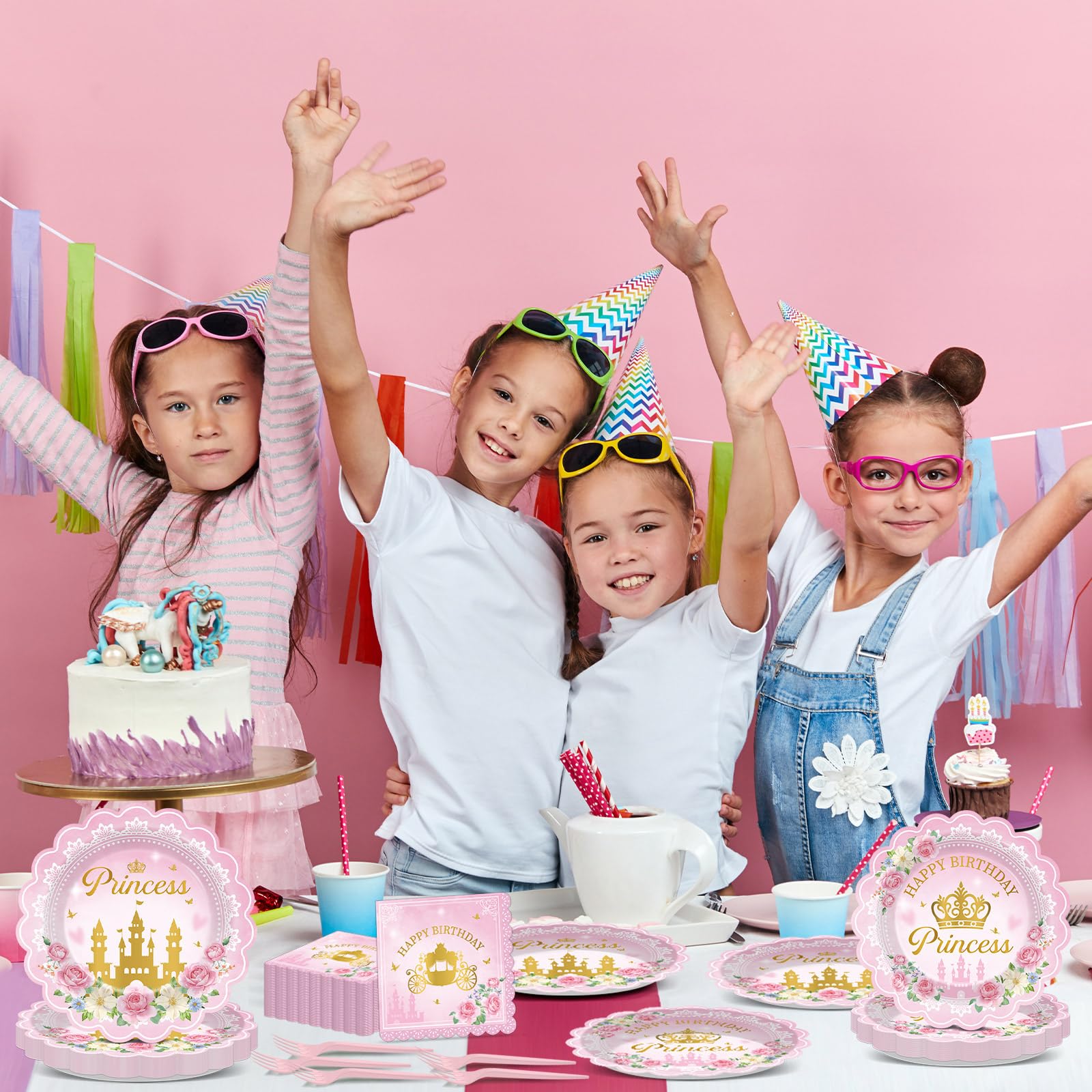 Yiaoyinnz 96pcs Pink Princess Birthday Party Tableware Set – Scalloped Plates, Napkins & Gold Castle