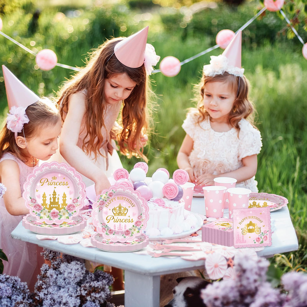 Yiaoyinnz 96pcs Pink Princess Birthday Party Tableware Set – Scalloped Plates, Napkins & Gold Castle