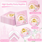 Yiaoyinnz 96pcs Pink Princess Birthday Party Tableware Set – Scalloped Plates, Napkins & Gold Castle