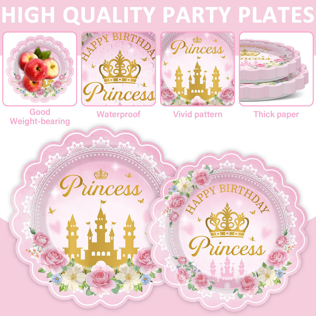 Yiaoyinnz 96pcs Pink Princess Birthday Party Tableware Set – Scalloped Plates, Napkins & Gold Castle