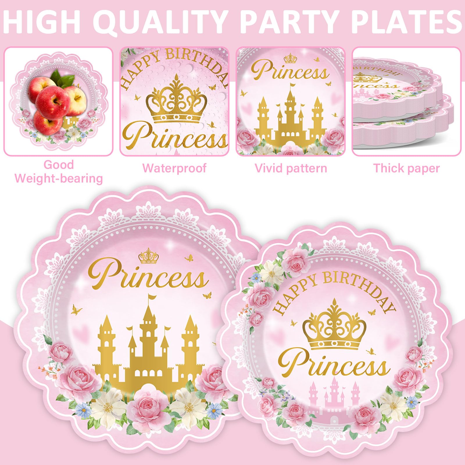 Yiaoyinnz 96pcs Pink Princess Birthday Party Tableware Set – Scalloped Plates, Napkins & Gold Castle