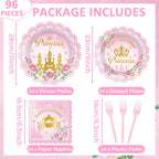 Yiaoyinnz 96pcs Pink Princess Birthday Party Tableware Set – Scalloped Plates, Napkins & Gold Castle