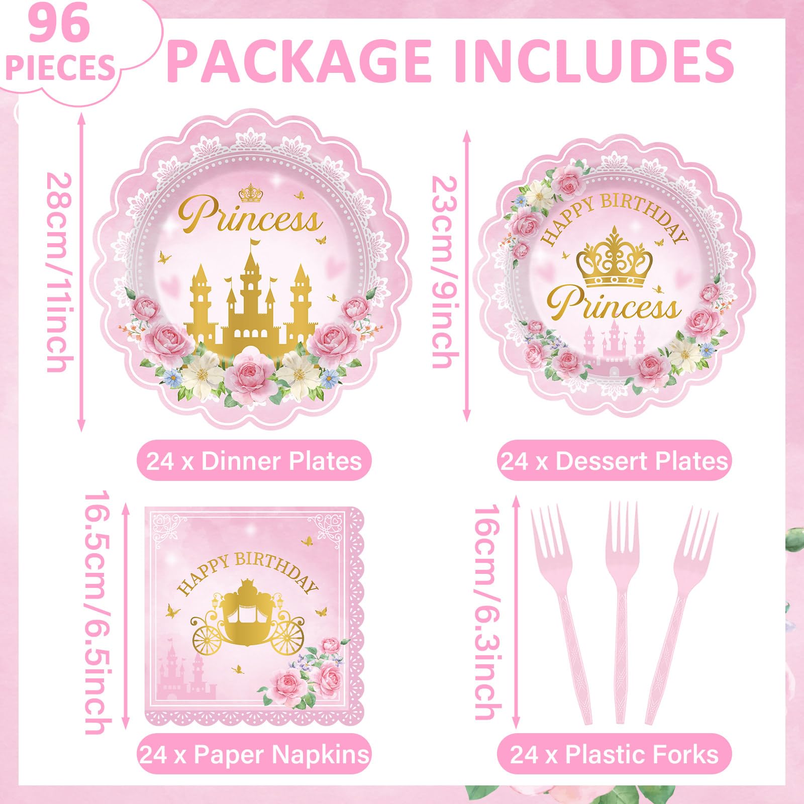 Yiaoyinnz 96pcs Pink Princess Birthday Party Tableware Set – Scalloped Plates, Napkins & Gold Castle