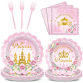 Yiaoyinnz 96pcs Pink Princess Birthday Party Tableware Set – Scalloped Plates, Napkins & Gold Castle