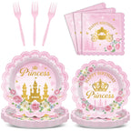 Yiaoyinnz 96pcs Pink Princess Birthday Party Tableware Set – Scalloped Plates, Napkins & Gold Castle