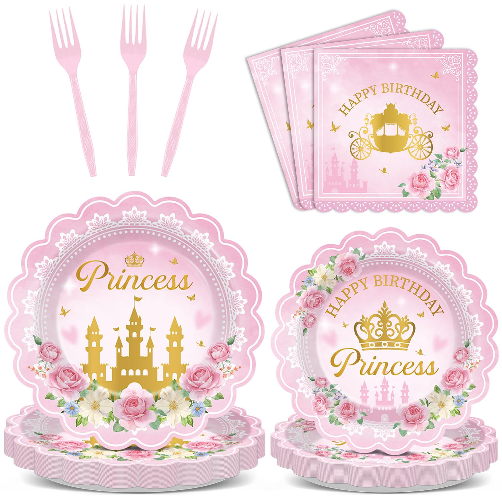 Yiaoyinnz 96pcs Pink Princess Birthday Party Tableware Set – Scalloped Plates, Napkins & Gold Castle