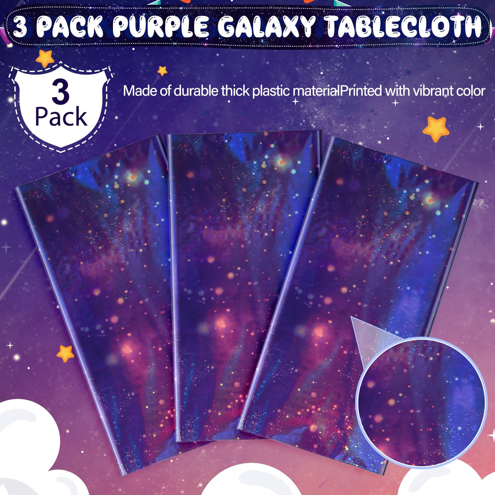 YIDAKO 3Pcs Iridescent Space Tablecloths - Purple Galaxy Disposable Table Covers, 54x108 Inch