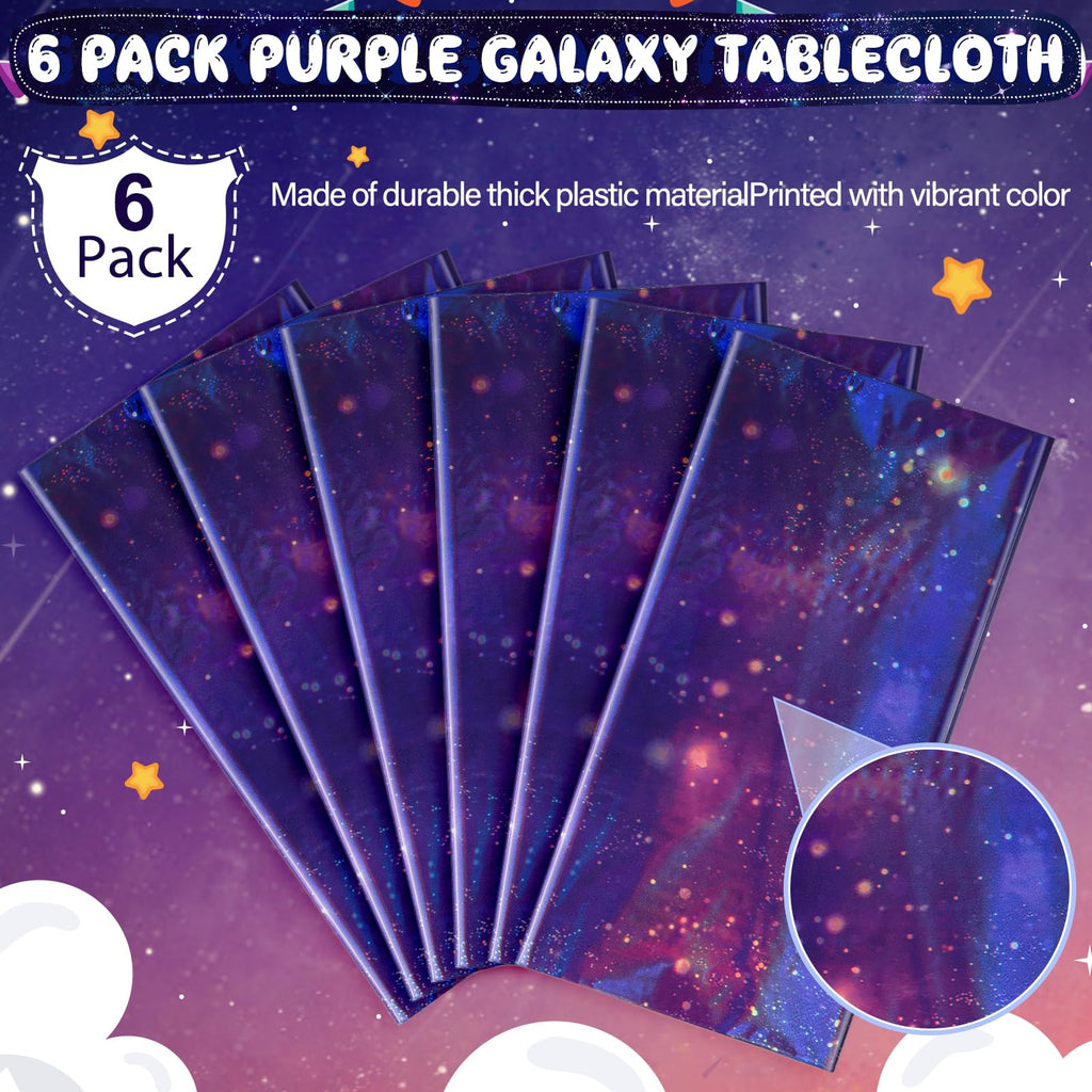 YIDAKO 6Pcs Iridescent Space Tablecloths, Disposable Plastic Purple Galaxy Table Cloth Rectangle Table Covers for Space Starry Night Star Theme Party Birthday Party Decorations, 54x108 Inch