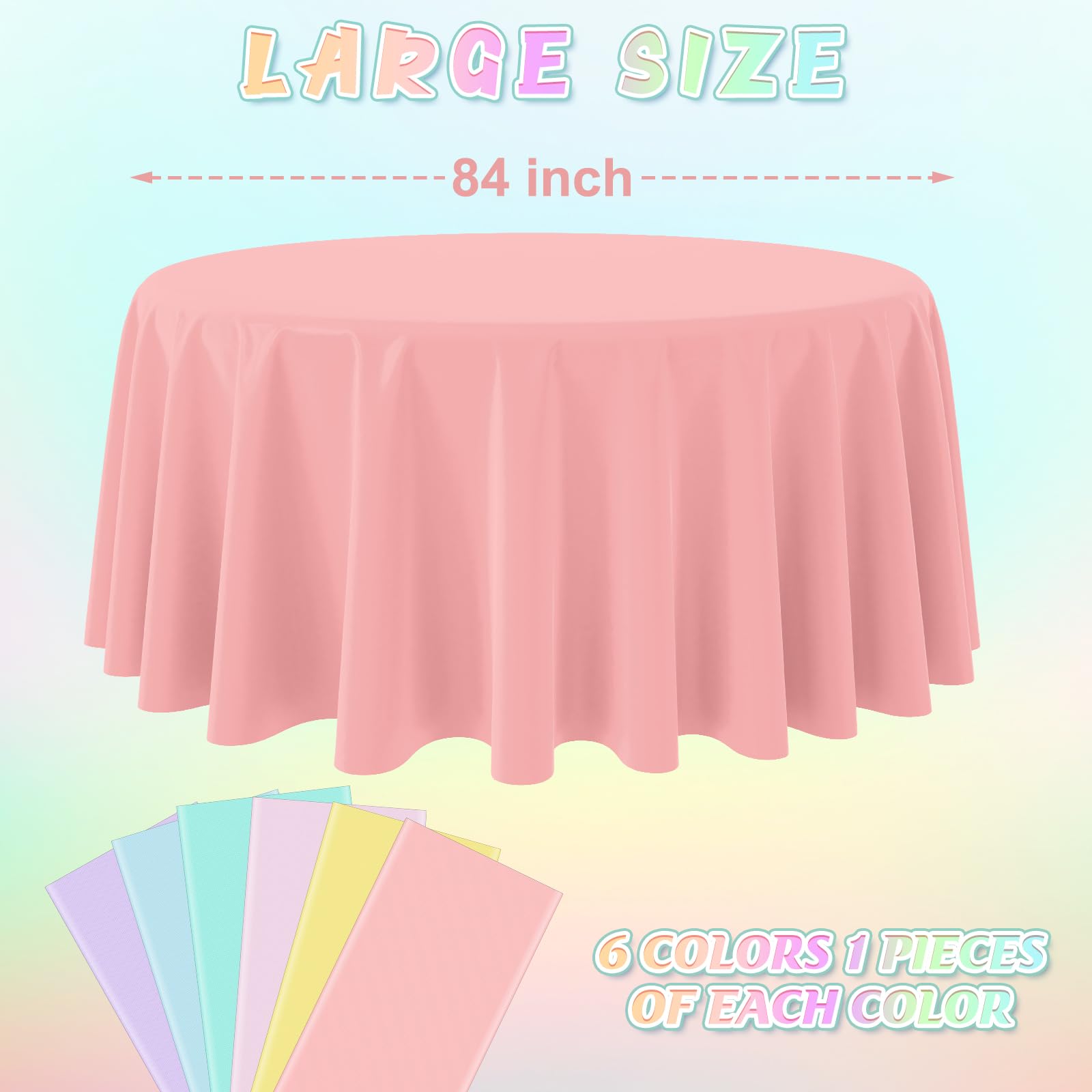 YIDAKO 6Pcs Round Pastel Tablecloths – 84-Inch Disposable Rainbow Mix Color Table Covers