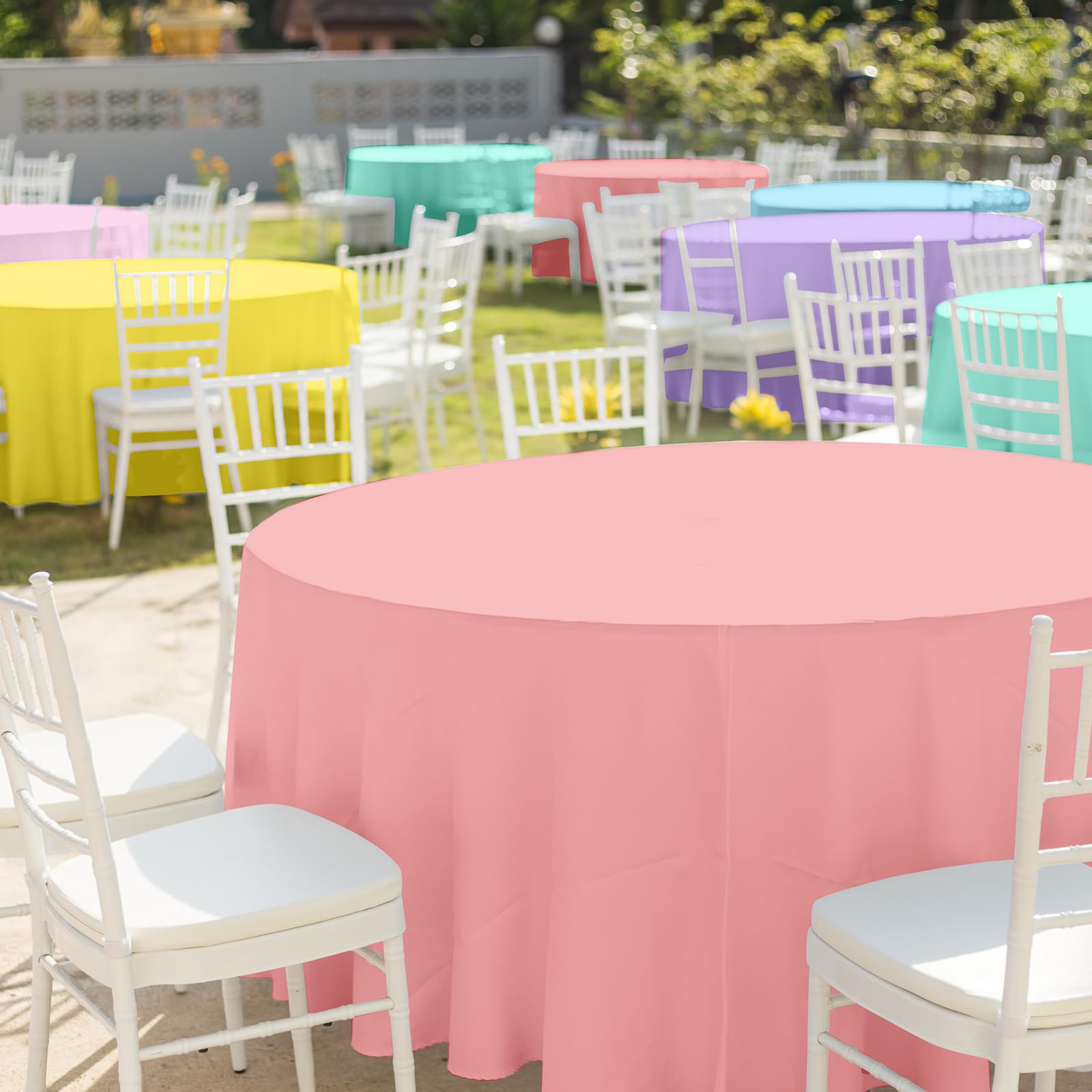 YIDAKO 6Pcs Round Pastel Tablecloths – 84-Inch Disposable Rainbow Mix Color Table Covers