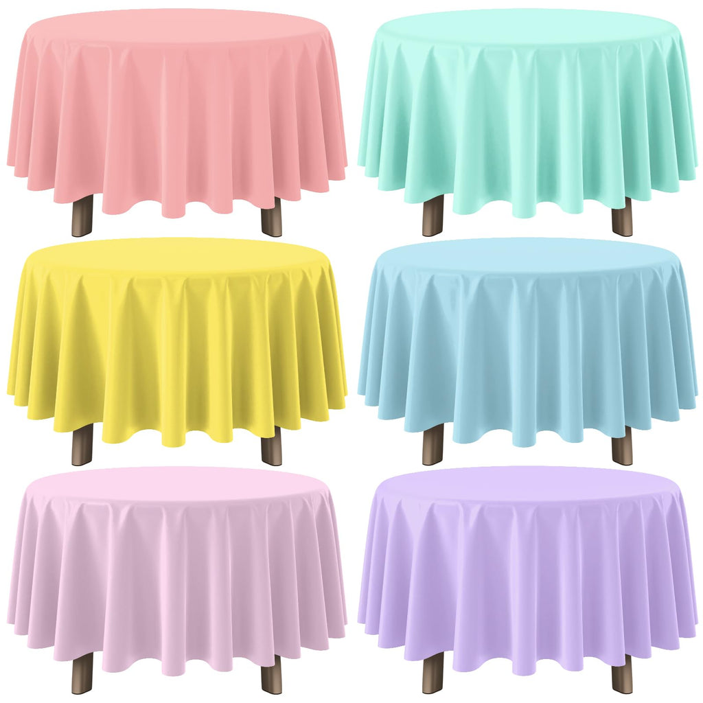 YIDAKO 6Pcs Round Pastel Tablecloths – 84-Inch Disposable Rainbow Mix Color Table Covers