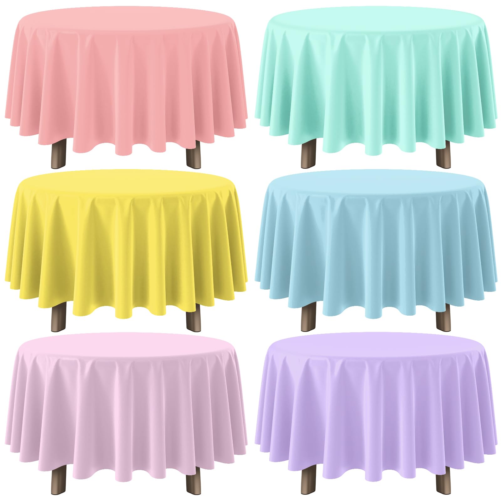 YIDAKO 6Pcs Round Pastel Tablecloths – 84-Inch Disposable Rainbow Mix Color Table Covers