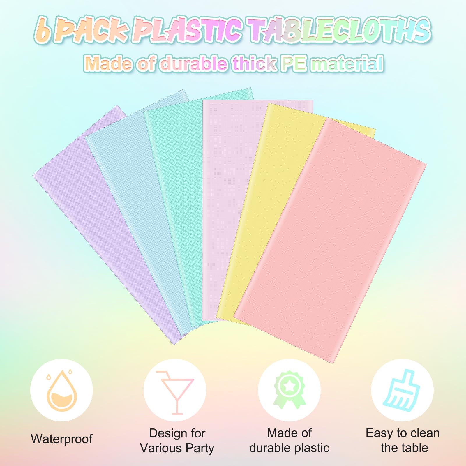 YIDAKO 6Pcs Round Pastel Tablecloths – 84-Inch Disposable Rainbow Mix Color Table Covers