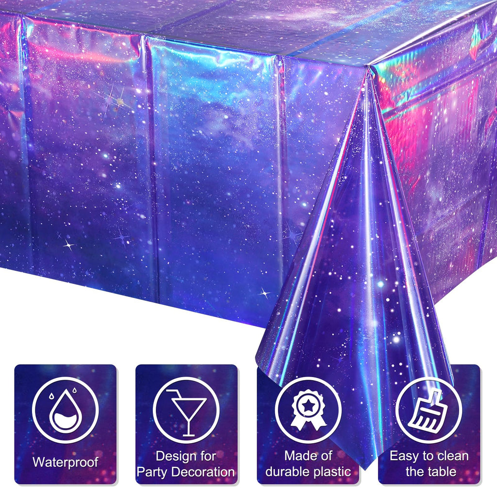 YIDAKO 3Pcs Iridescent Space Tablecloths - Purple Galaxy Disposable Table Covers, 54x108 Inch