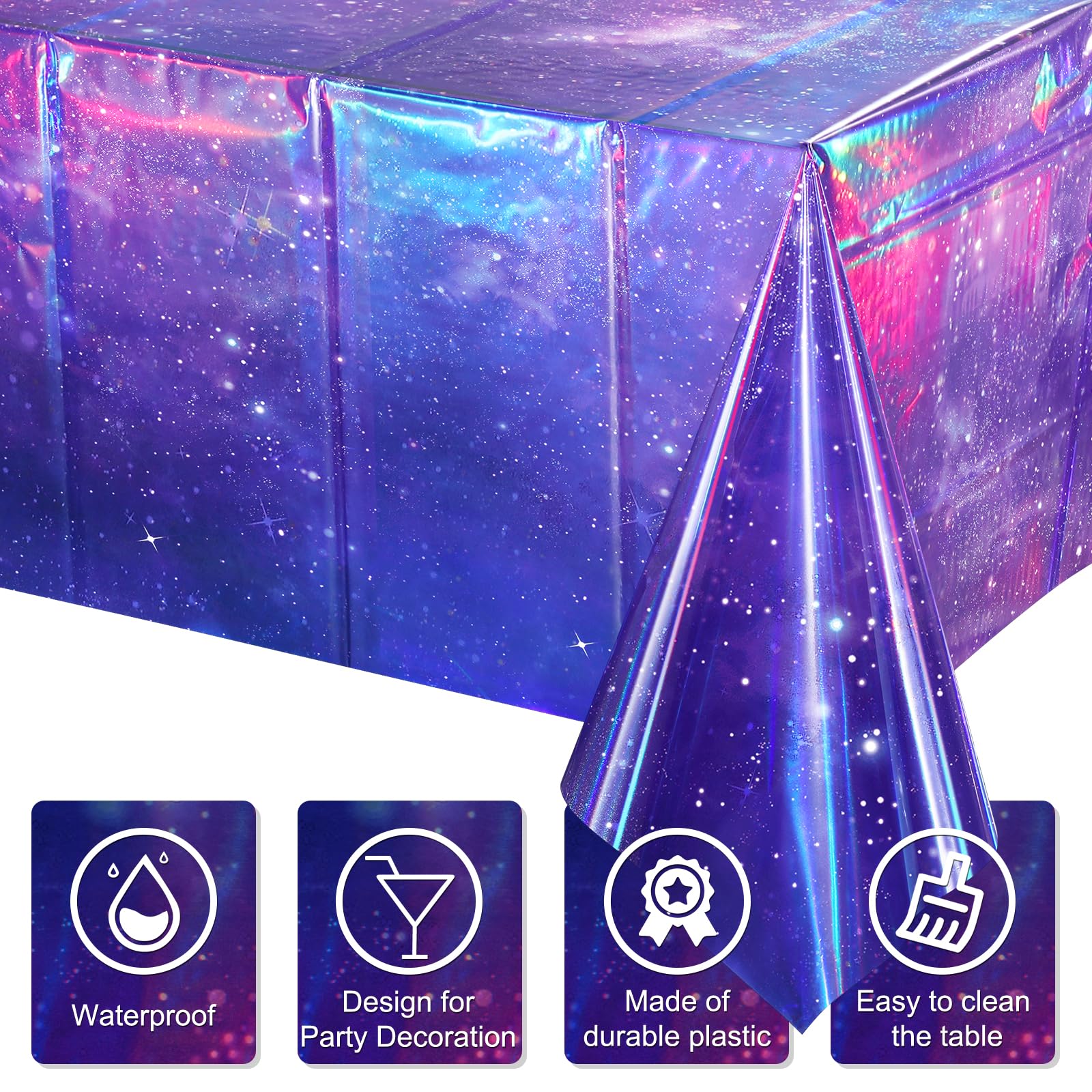 YIDAKO 3Pcs Iridescent Space Tablecloths - Purple Galaxy Disposable Table Covers, 54x108 Inch