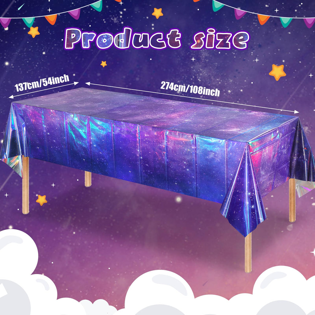 YIDAKO 3Pcs Iridescent Space Tablecloths - Purple Galaxy Disposable Table Covers, 54x108 Inch
