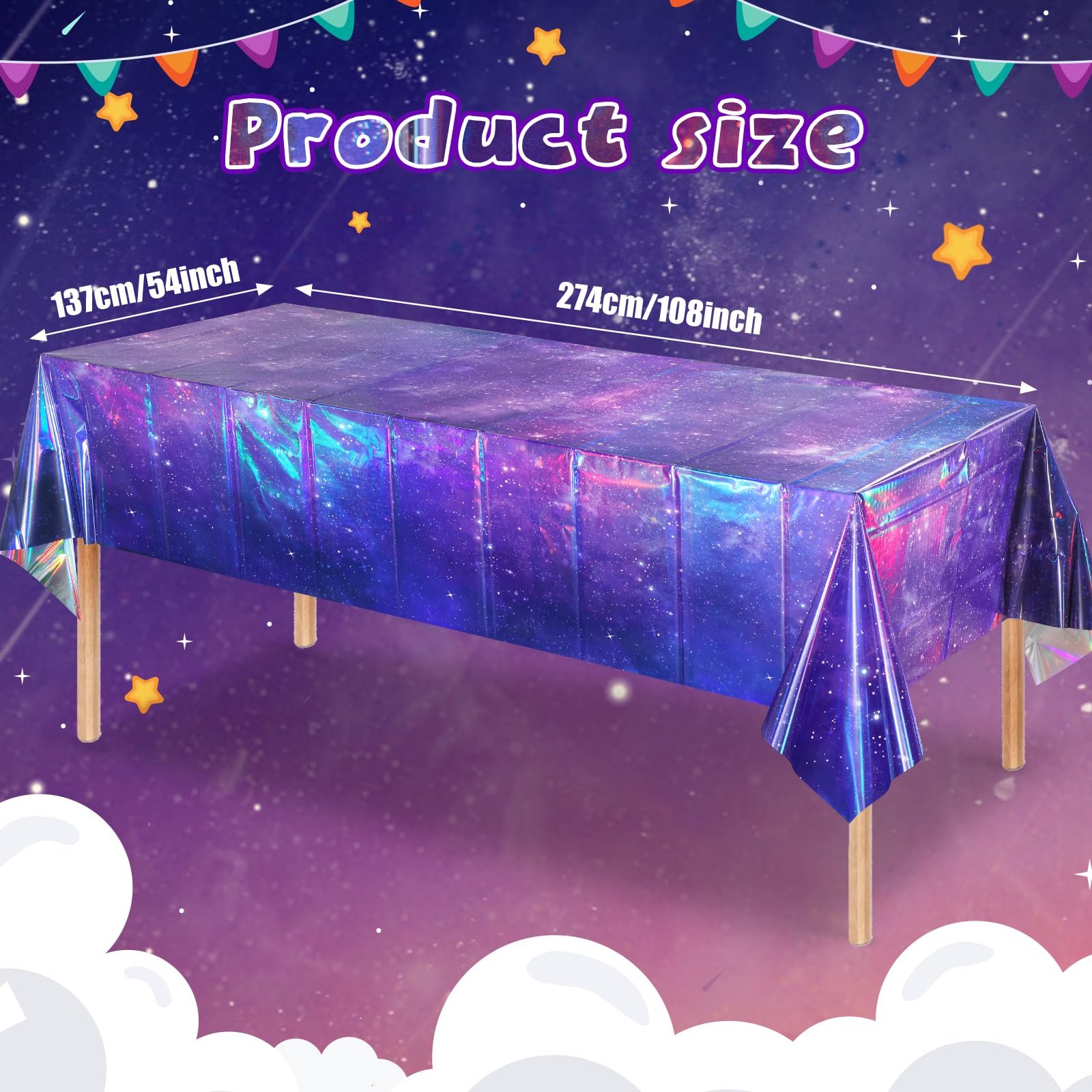 YIDAKO 3Pcs Iridescent Space Tablecloths - Purple Galaxy Disposable Table Covers, 54x108 Inch