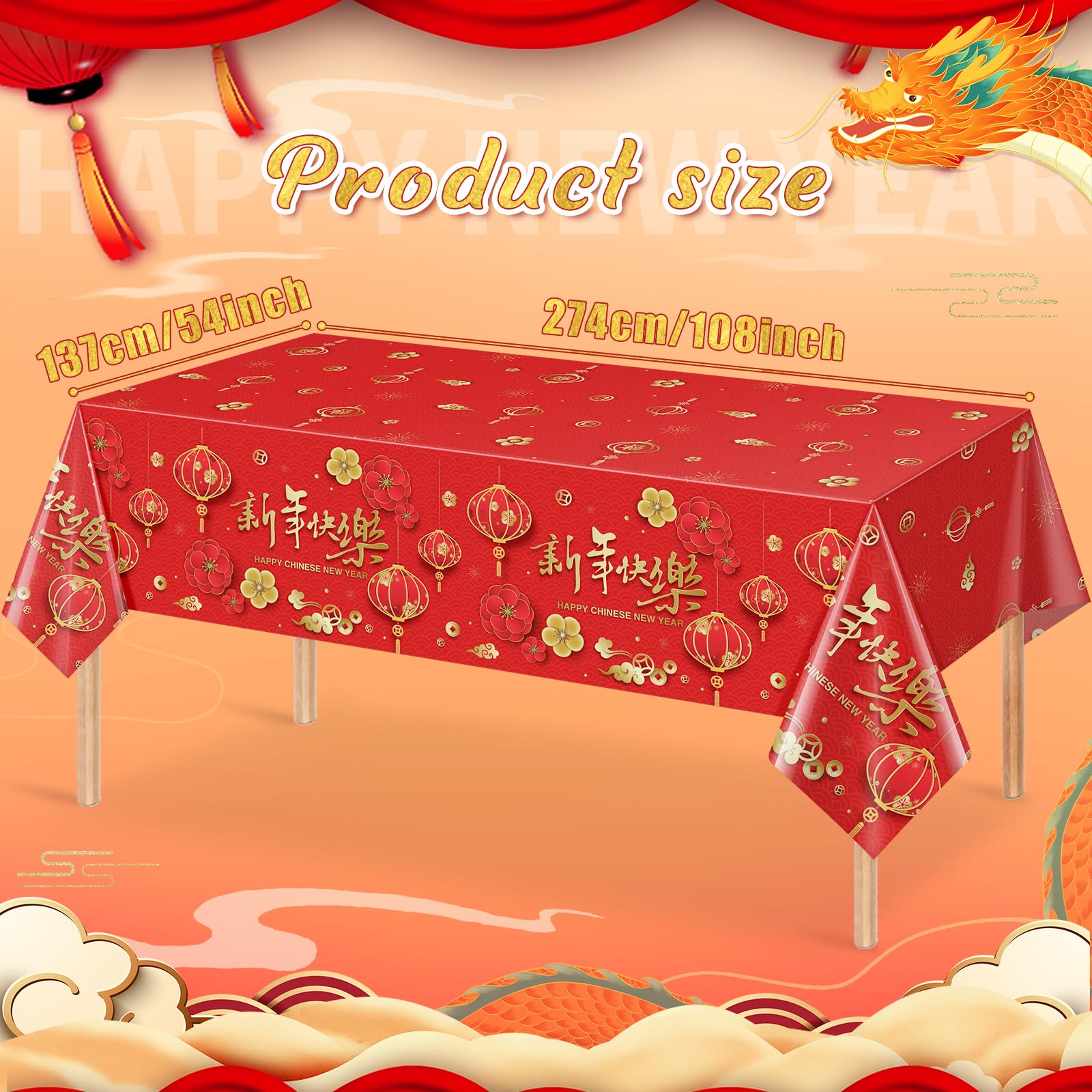 YIDAKO 3-Pack Chinese New Year Tablecloths 108 x 54 in | Disposable Red Festive Table Covers