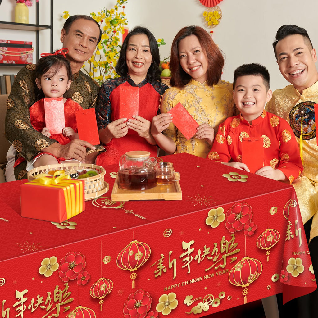 YIDAKO 3-Pack Chinese New Year Tablecloths 108 x 54 in | Disposable Red Festive Table Covers