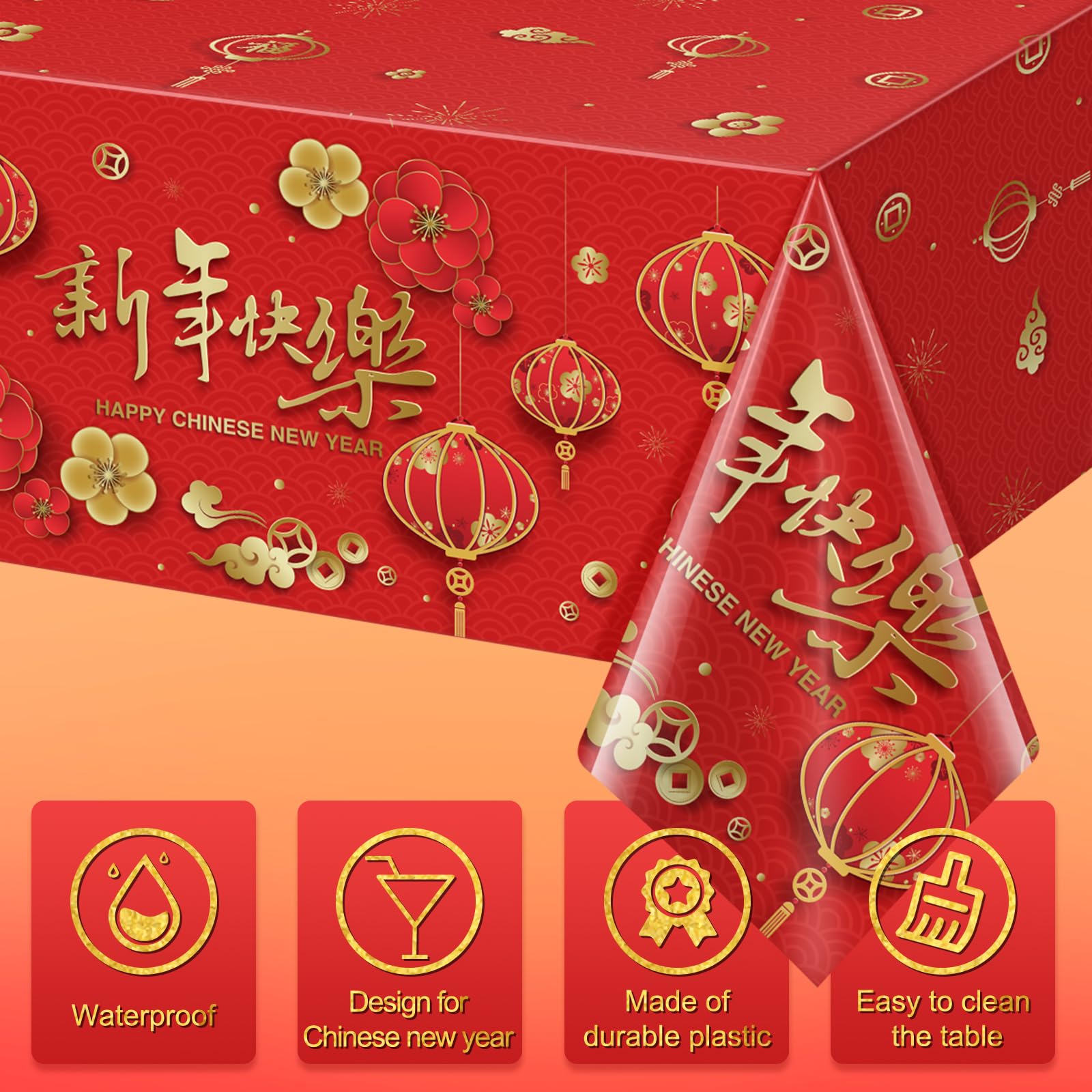 YIDAKO 3-Pack Chinese New Year Tablecloths 108 x 54 in | Disposable Red Festive Table Covers