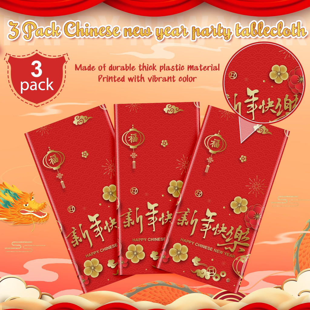 YIDAKO 3-Pack Chinese New Year Tablecloths 108 x 54 in | Disposable Red Festive Table Covers