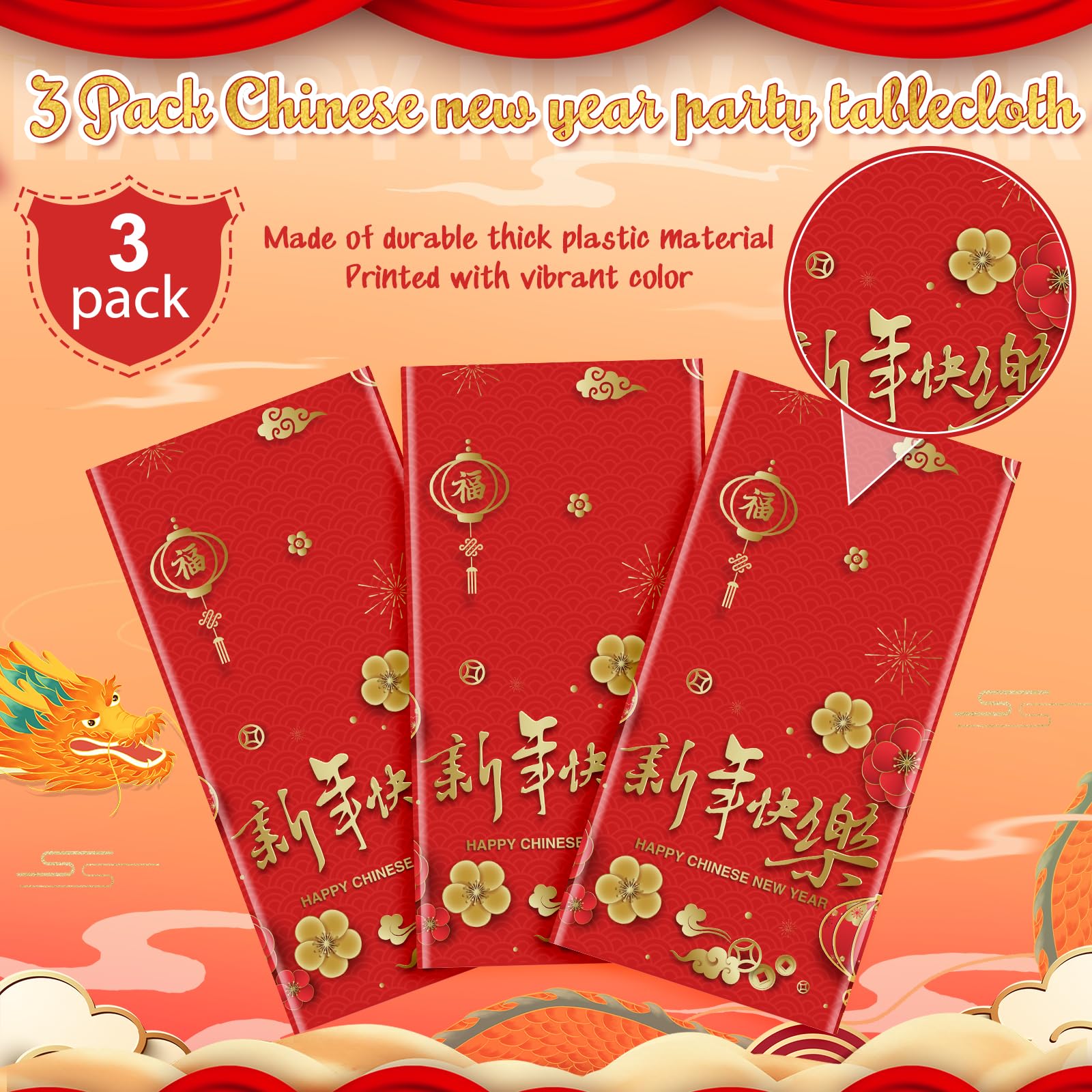 YIDAKO 3-Pack Chinese New Year Tablecloths 108 x 54 in | Disposable Red Festive Table Covers