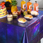 YIDAKO 6Pcs Iridescent Space Tablecloths, Disposable Plastic Purple Galaxy Table Cloth Rectangle Table Covers for Space Starry Night Star Theme Party Birthday Party Decorations, 54x108 Inch