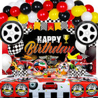 YIGZAG Race Car Birthday Party Decorations – 140-Piece Set with Backdrop, Balloons & Tableware