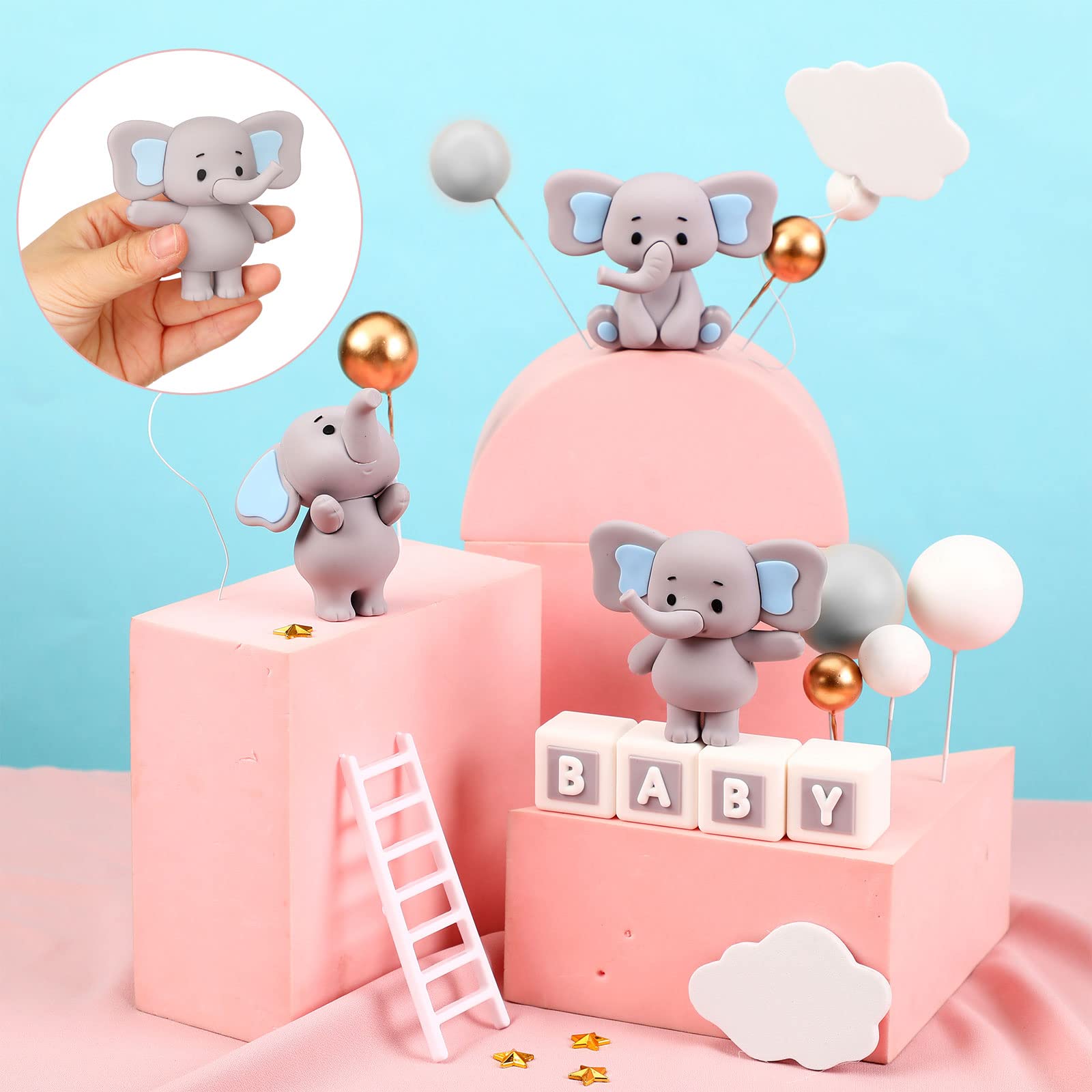 Yinder Elephant Cake Toppers – Green & Gold Pearl Ball 41-Piece Set for Cakes