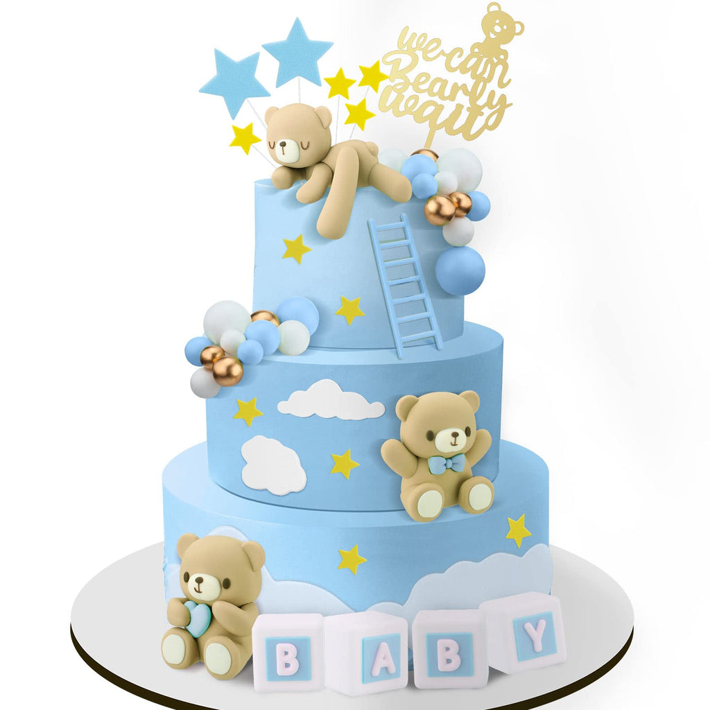 Yinder Bear Cake Toppers – Mini Bear Decorations with Blue Bow, Gold & White Pearl Balls