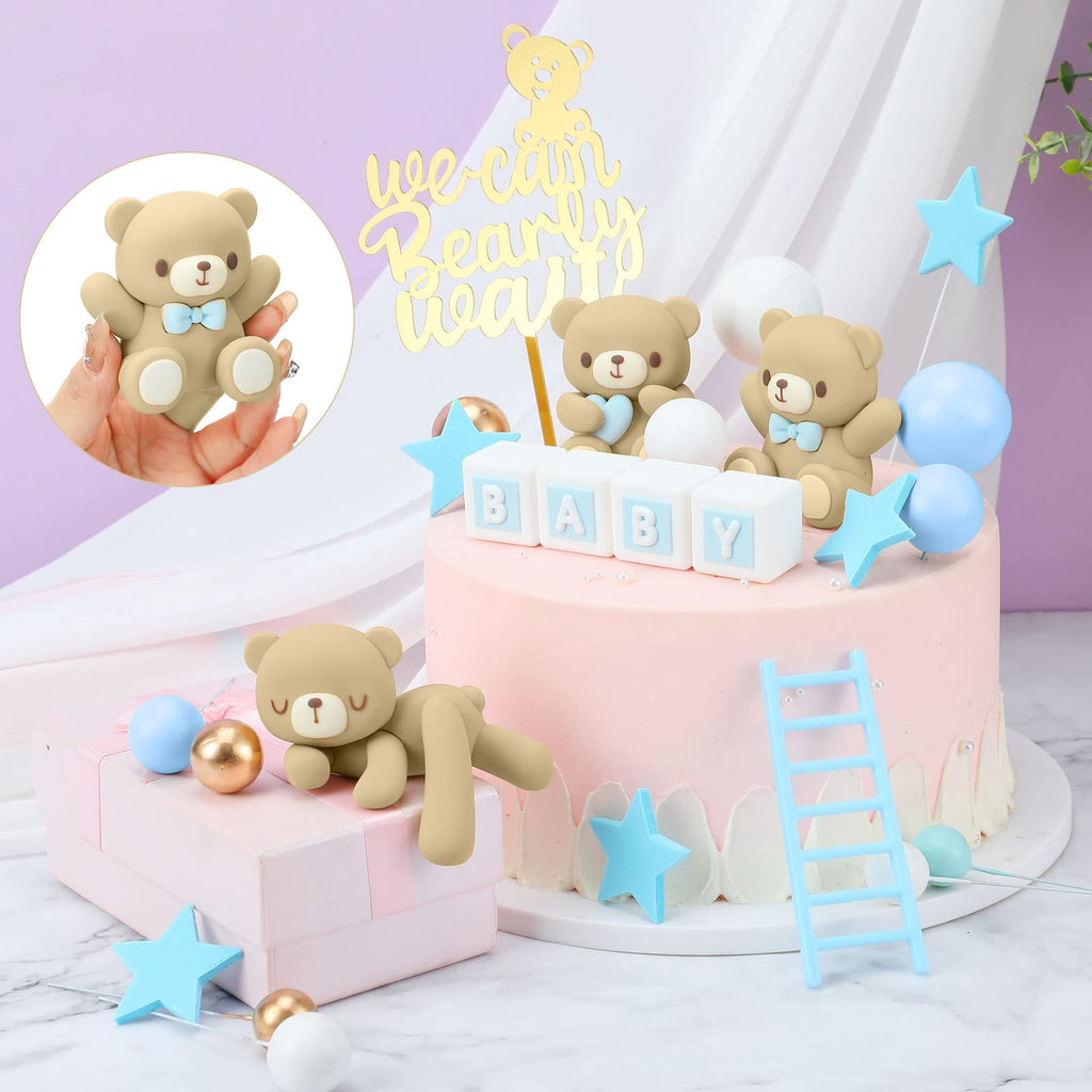 Yinder Bear Cake Toppers – Mini Bear Decorations with Blue Bow, Gold & White Pearl Balls