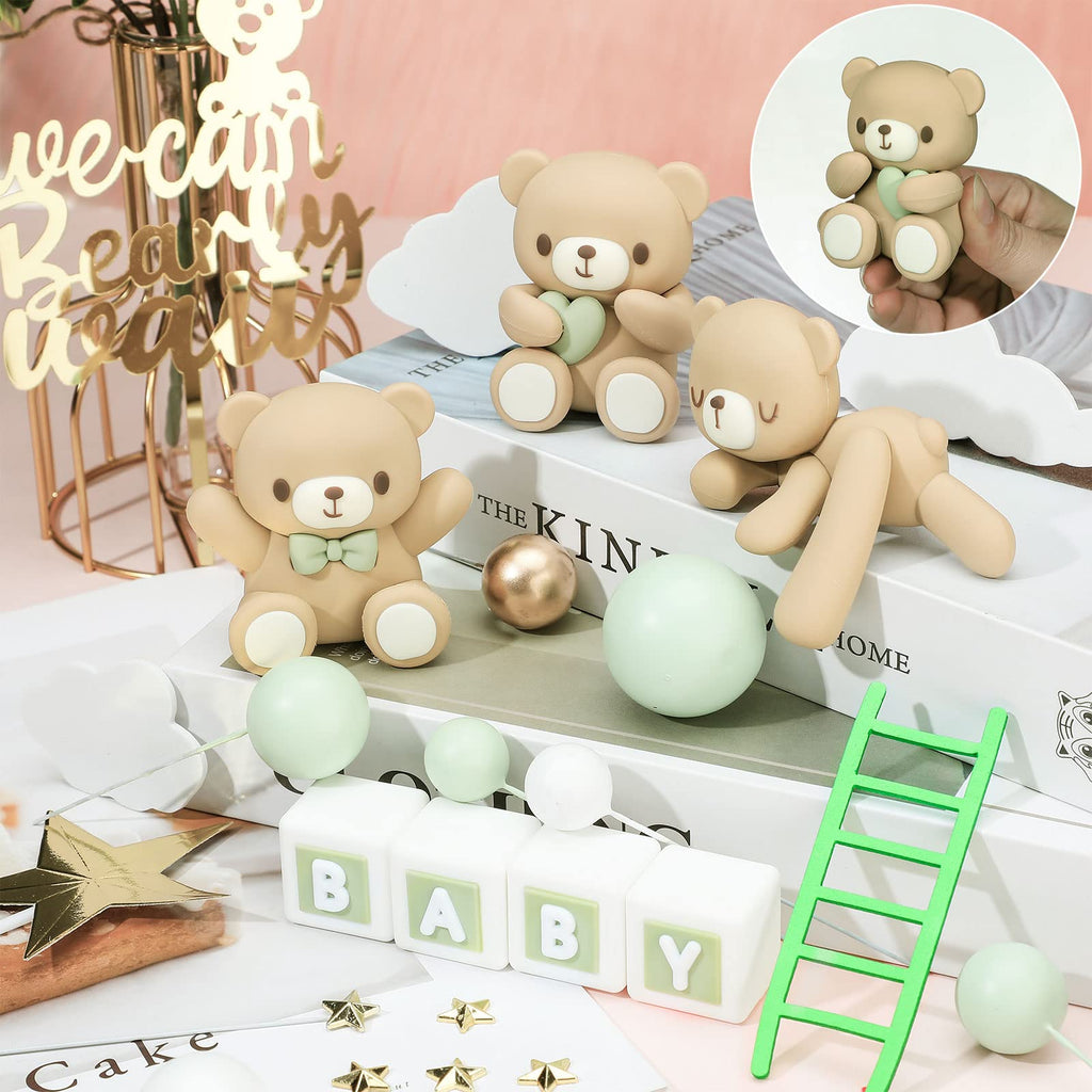 Yinder Bear Cake Toppers – Mini Bears with Green Bows & Pearl Balls