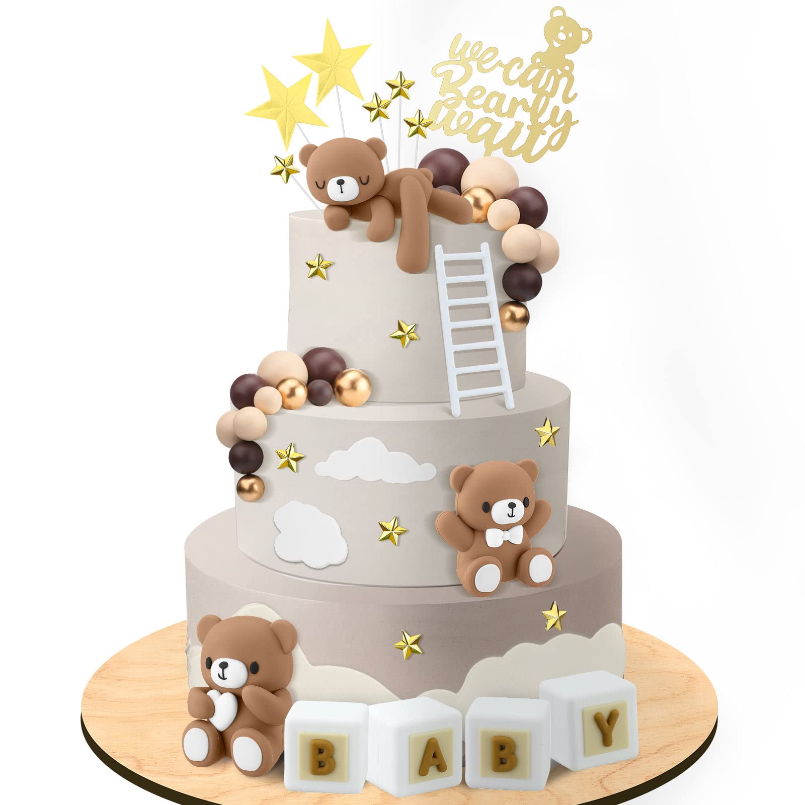 Yinder Bear Cake Toppers – Mini Bear Decorations in Dark Brown with Gold & White Pearl Balls