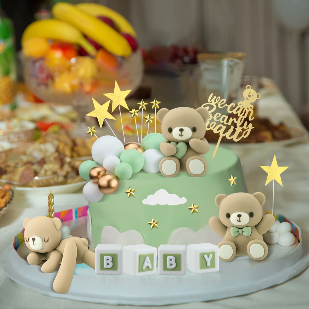 Yinder Bear Cake Toppers – Mini Bears with Green Bows & Pearl Balls