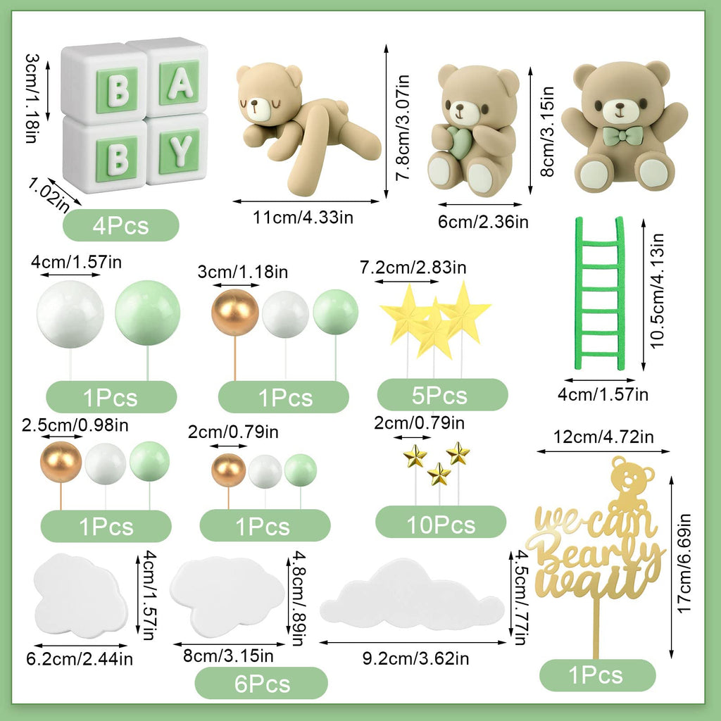 Yinder Bear Cake Toppers – Mini Bears with Green Bows & Pearl Balls