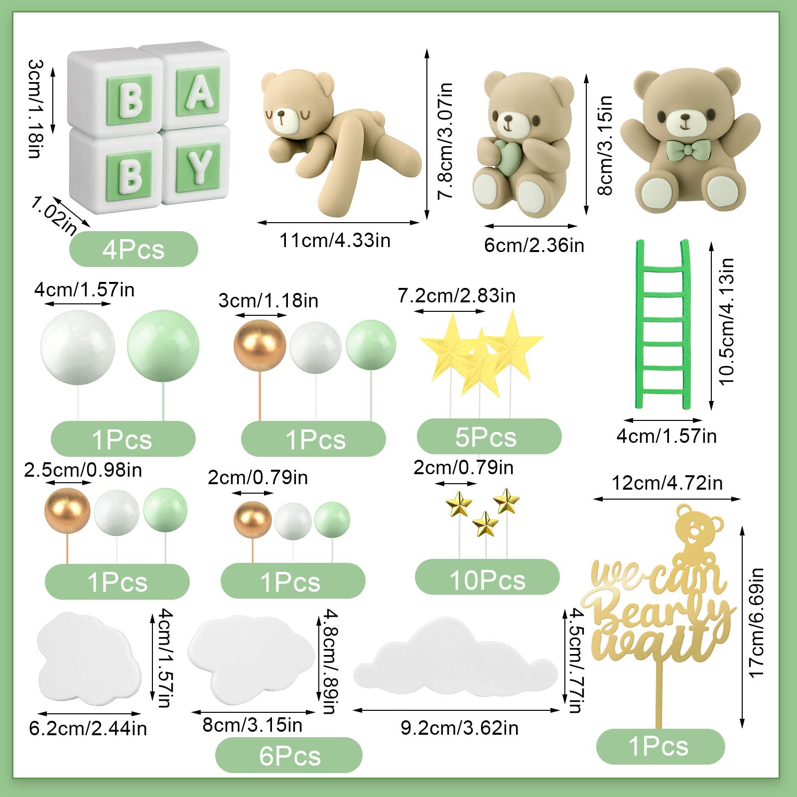 Yinder Bear Cake Toppers – Mini Bears with Green Bows & Pearl Balls