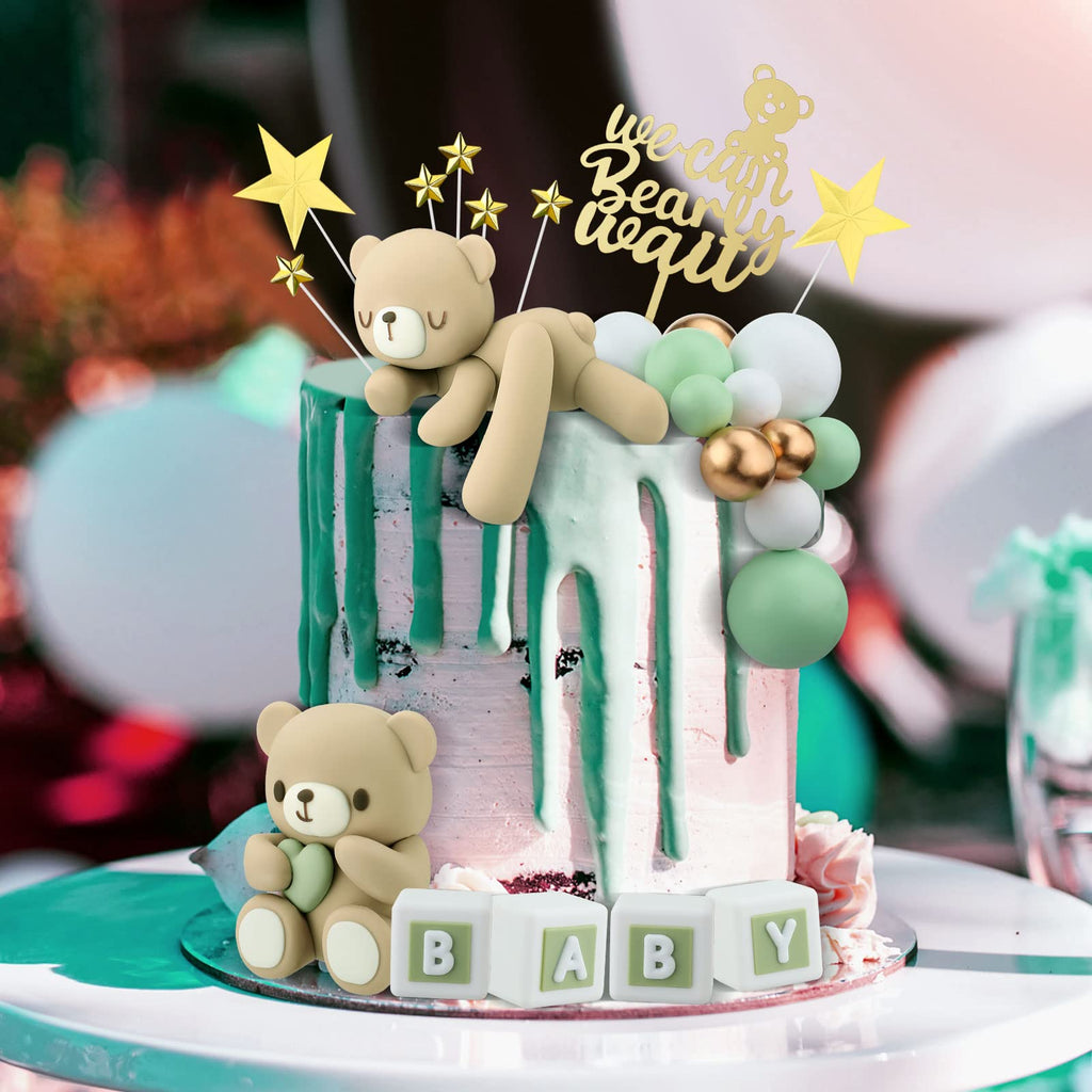 Yinder Bear Cake Toppers – Mini Bears with Green Bows & Pearl Balls