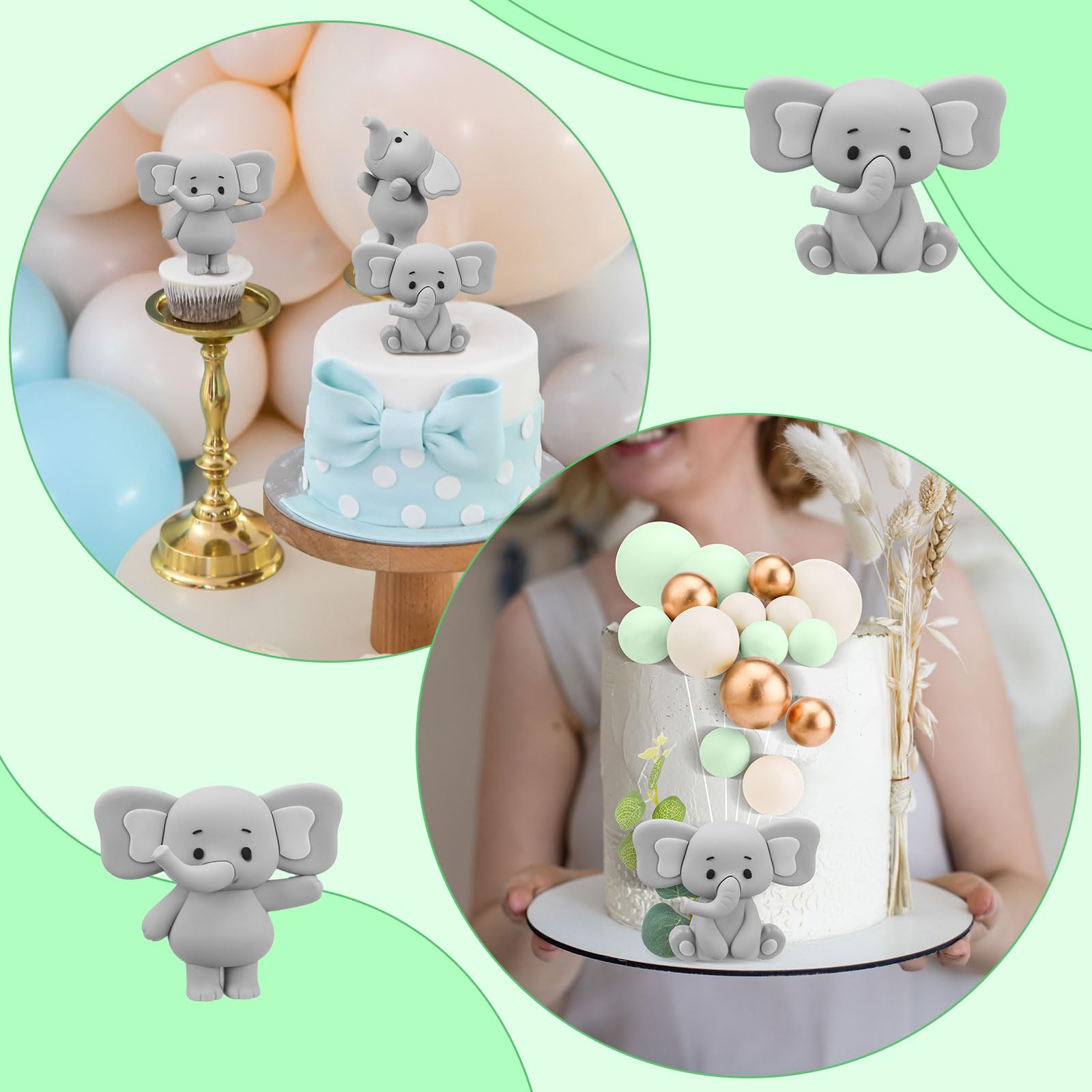 Yinder Elephant Cake Toppers – Green & Gold Pearl Ball 41-Piece Set for Cakes