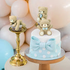 Yinder Bear Cake Toppers – Mini Bear Decorations with Blue Bow, Gold & White Pearl Balls