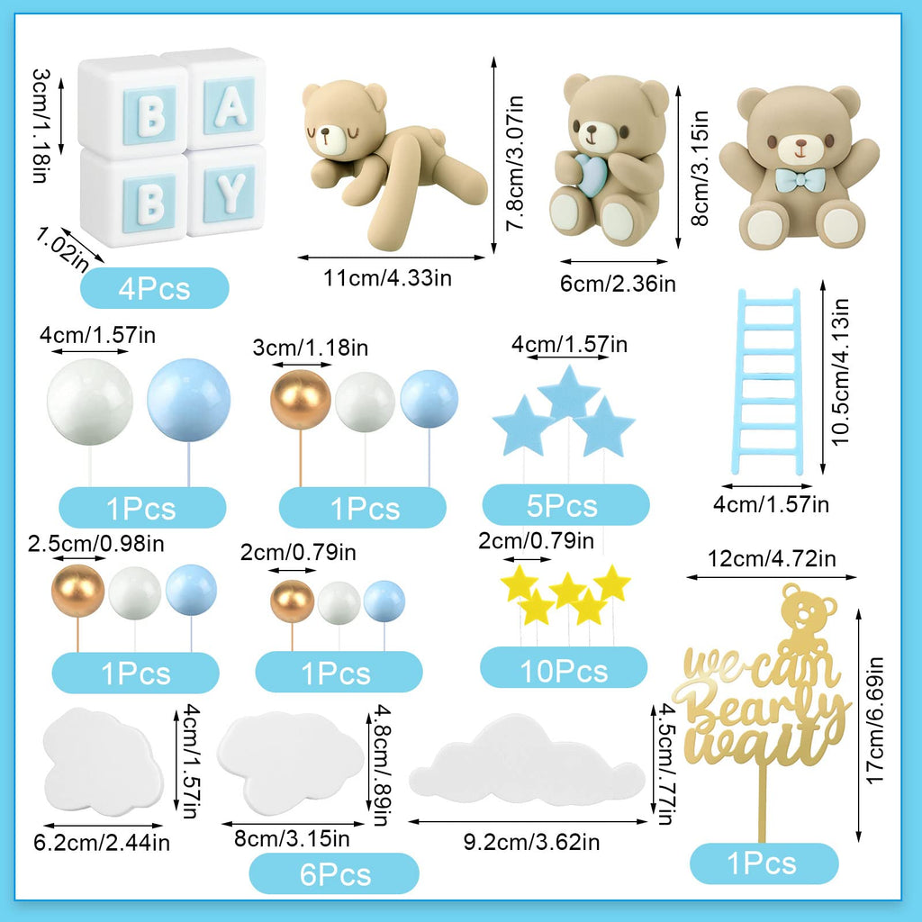 Yinder Bear Cake Toppers – Mini Bear Decorations with Blue Bow, Gold & White Pearl Balls