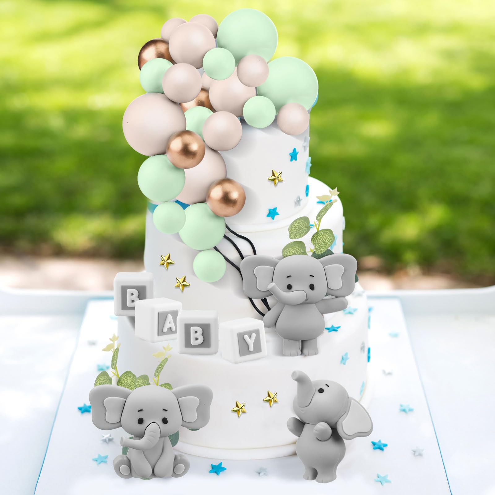 Yinder Elephant Cake Toppers – Green & Gold Pearl Ball 41-Piece Set for Cakes