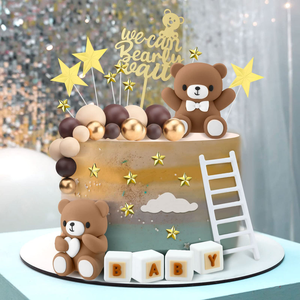 Yinder Bear Cake Toppers – Mini Bear Decorations in Dark Brown with Gold & White Pearl Balls