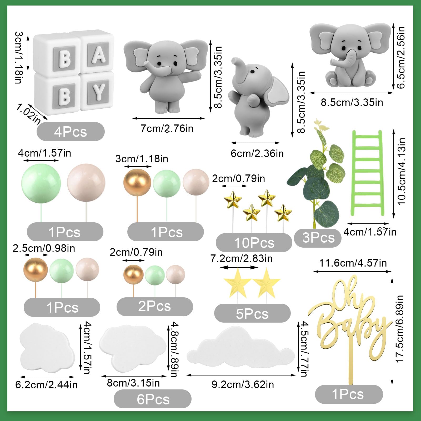 Yinder Elephant Cake Toppers – Green & Gold Pearl Ball 41-Piece Set for Cakes