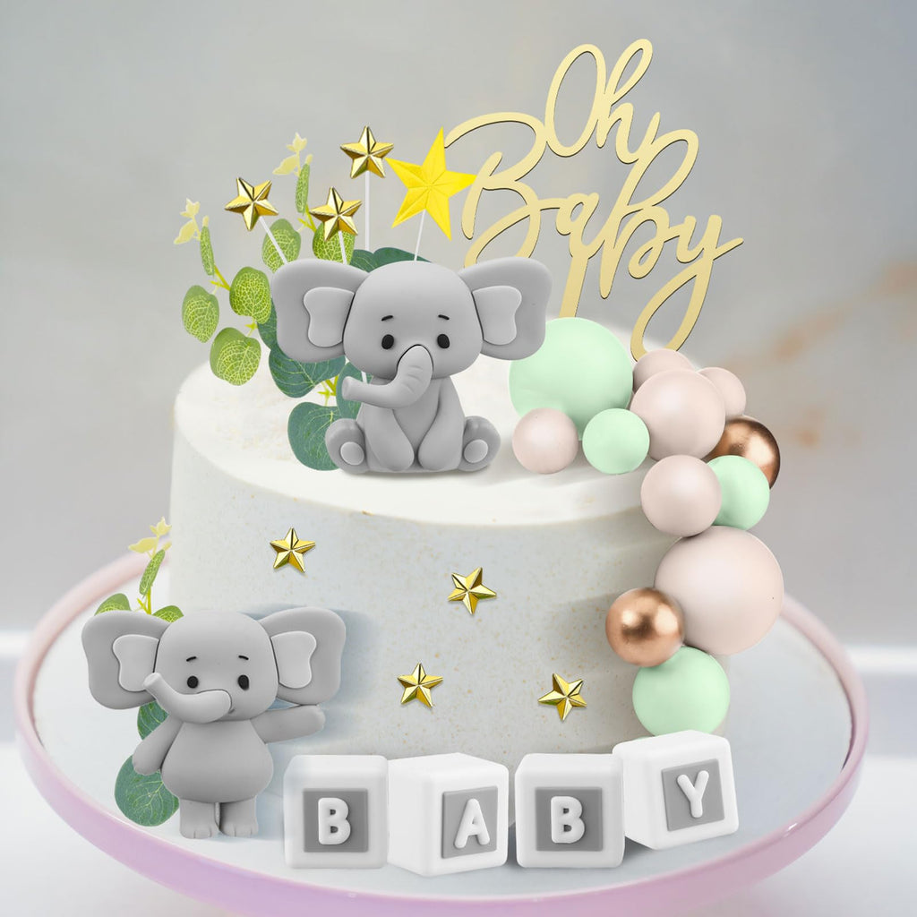 Yinder Elephant Cake Toppers – Green & Gold Pearl Ball 41-Piece Set for Cakes
