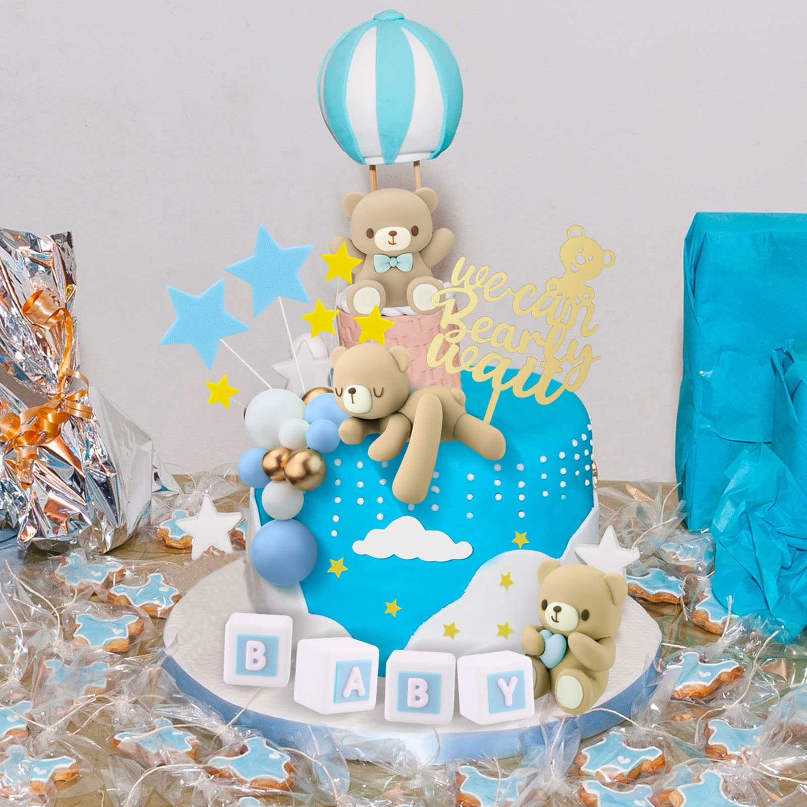 Yinder Bear Cake Toppers – Mini Bear Decorations with Blue Bow, Gold & White Pearl Balls